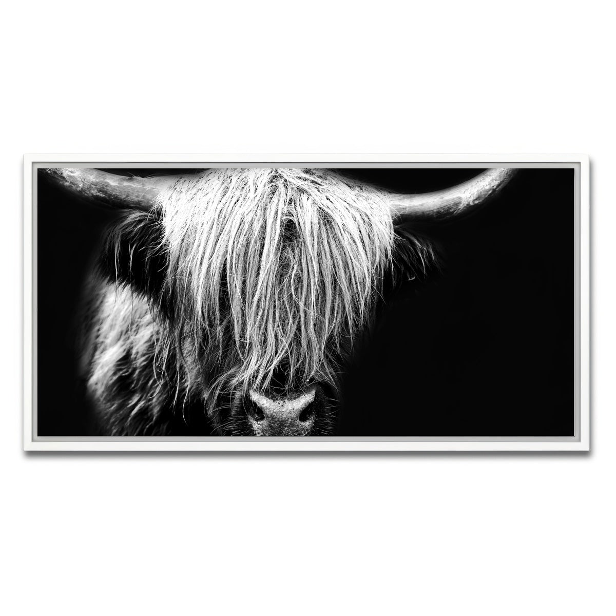 AUTO-MOCKUP WHITE | Grayscale Highland Cow | 1 Piece | White Framed Canvas | group=2x1