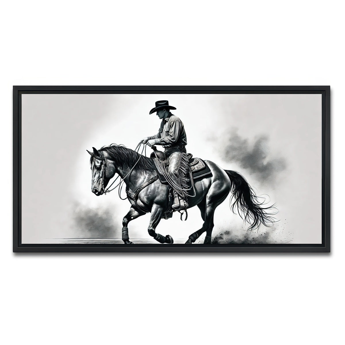 AUTO-MOCKUP WHITE | Grayscale Horse and Cowboy | 1 Piece | Black Framed Canvas | group=2x1