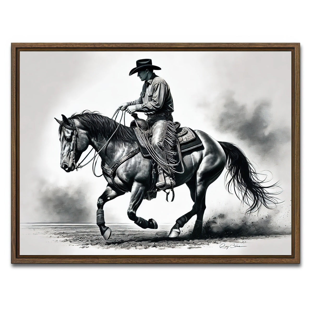 AUTO-MOCKUP WHITE | Grayscale Horse and Cowboy | 1 Piece | Walnut Framed Canvas | group=4x3