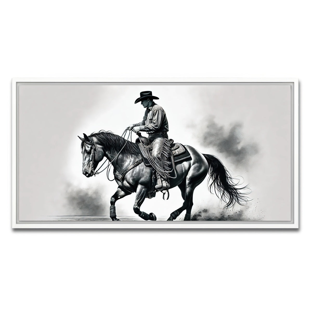 AUTO-MOCKUP WHITE | Grayscale Horse and Cowboy | 1 Piece | White Framed Canvas | group=2x1