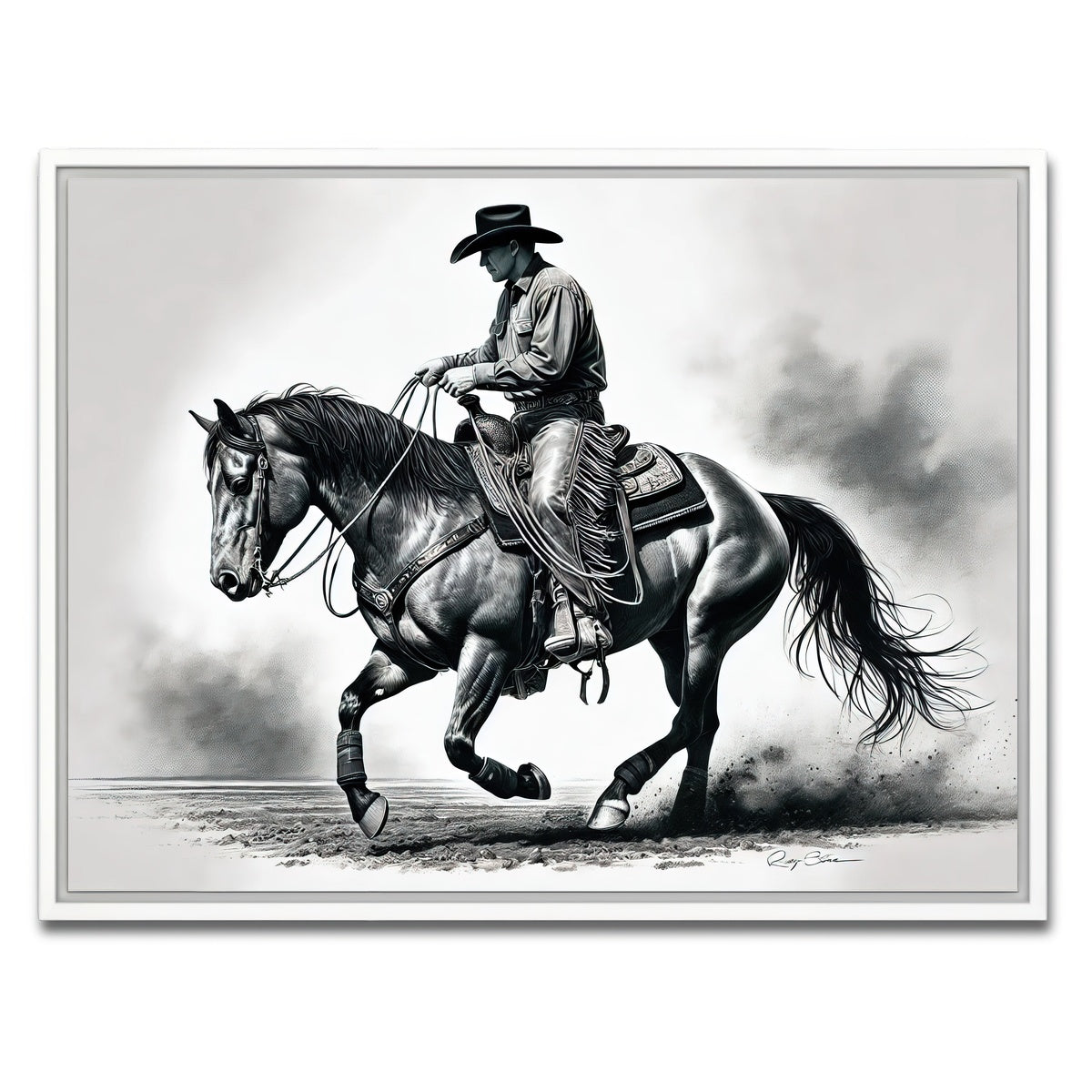 AUTO-MOCKUP WHITE | Grayscale Horse and Cowboy | 1 Piece | White Framed Canvas | group=4x3