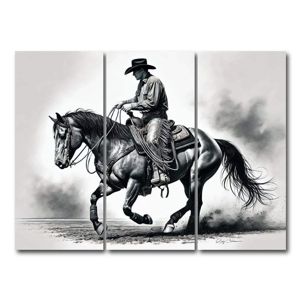 AUTO-MOCKUP WHITE | Grayscale Horse and Cowboy | 3 Piece | Gallery Wrap Canvas | group=8x18