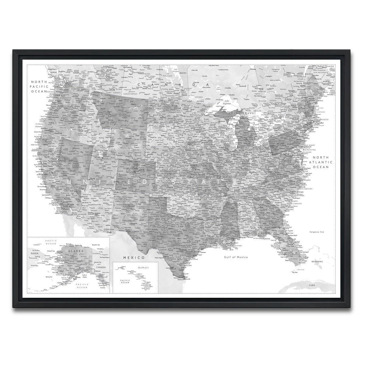 AUTO-MOCKUP WHITE | Grayscale US Map | 1 Piece | Black Framed Canvas | group=4x3