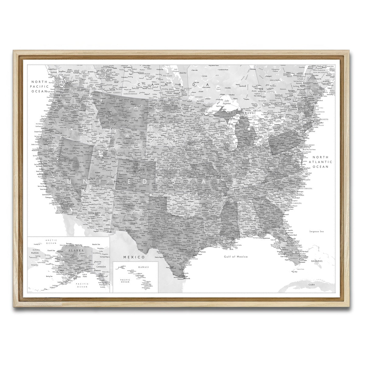 AUTO-MOCKUP WHITE | Grayscale US Map | 1 Piece | Natural Framed Canvas | group=4x3