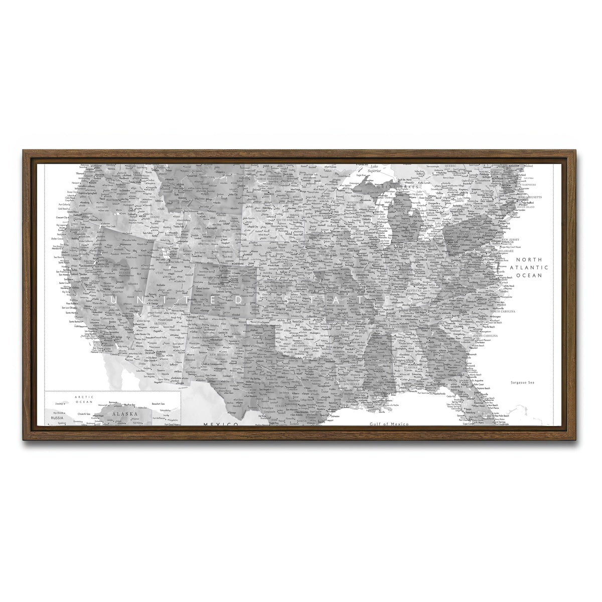 AUTO-MOCKUP WHITE | Grayscale US Map | 1 Piece | Walnut Framed Canvas | group=2x1