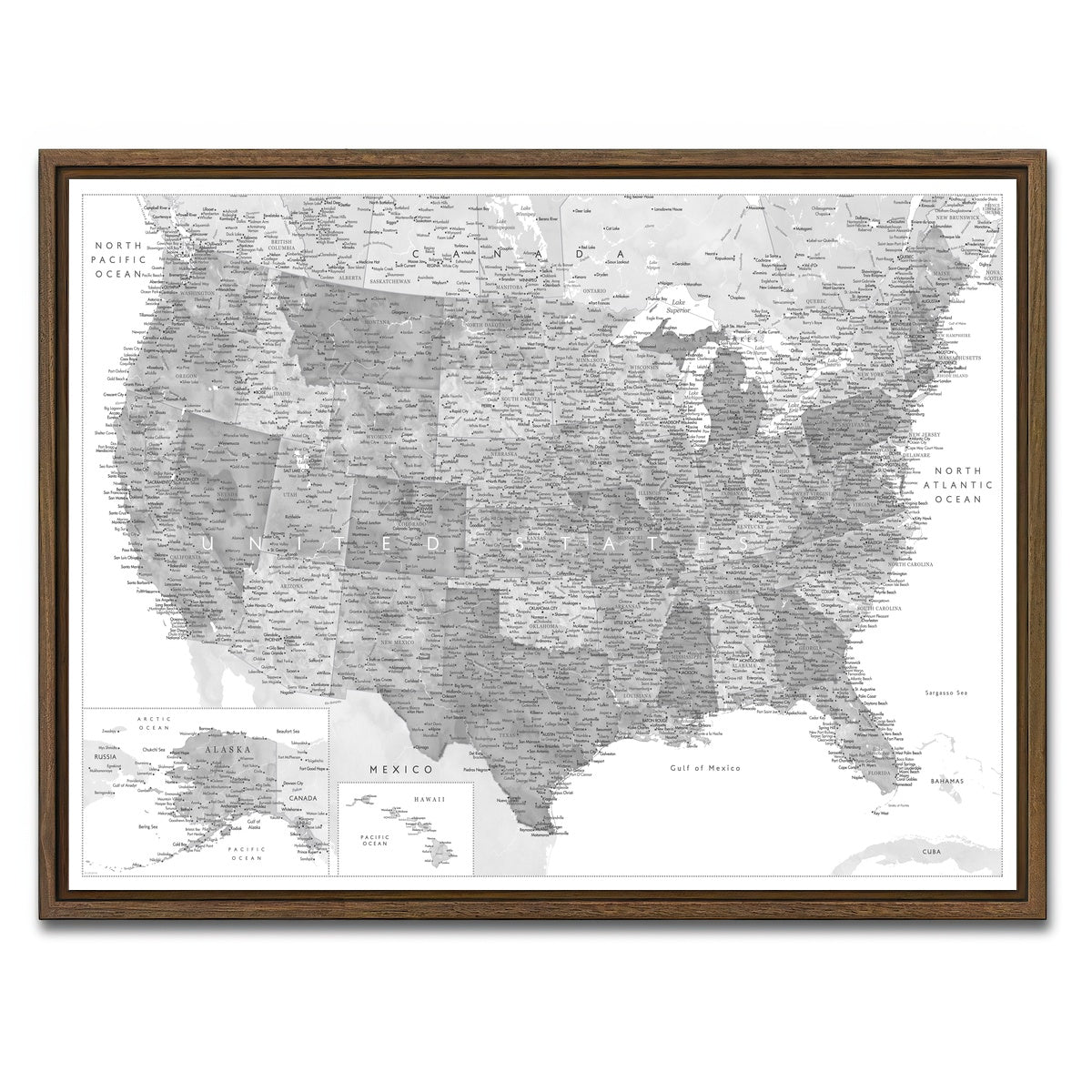 AUTO-MOCKUP WHITE | Grayscale US Map | 1 Piece | Walnut Framed Canvas | group=4x3