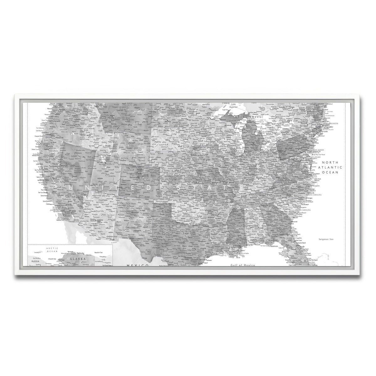 AUTO-MOCKUP WHITE | Grayscale US Map | 1 Piece | White Framed Canvas | group=2x1