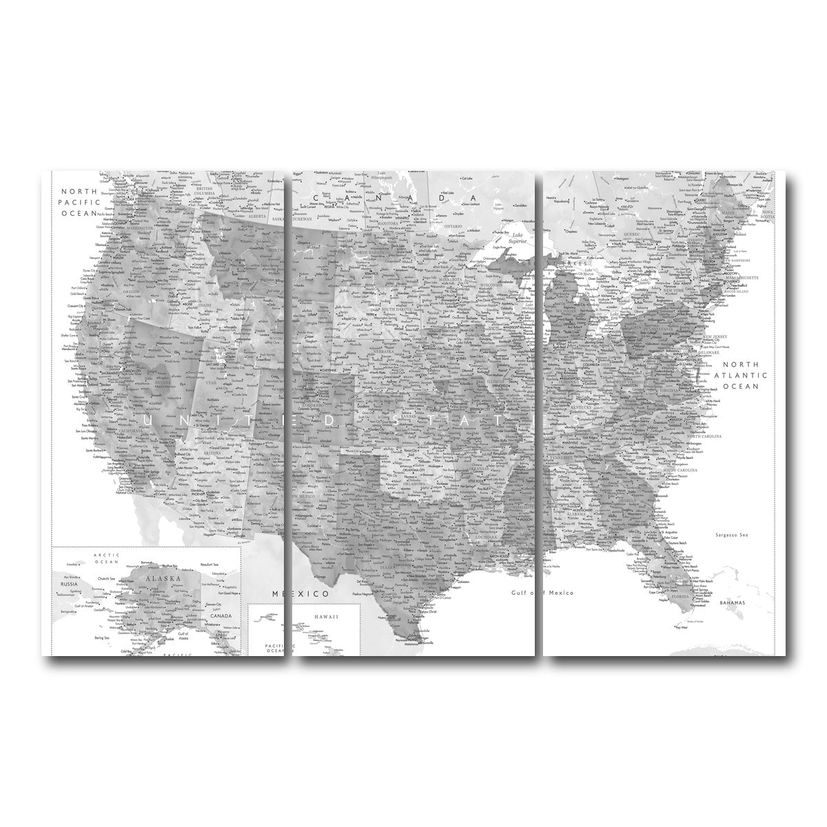 AUTO-MOCKUP WHITE | Grayscale US Map | 3 Piece | Gallery Wrap Canvas | group=12x24