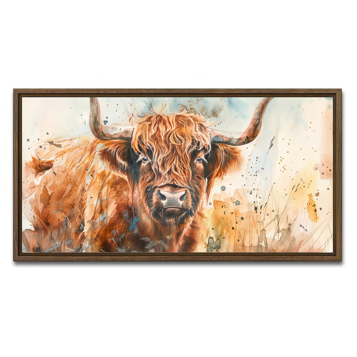 AUTO-MOCKUP WHITE | Grazing highland bull | 1 Piece | Walnut Framed Canvas | group=2x1