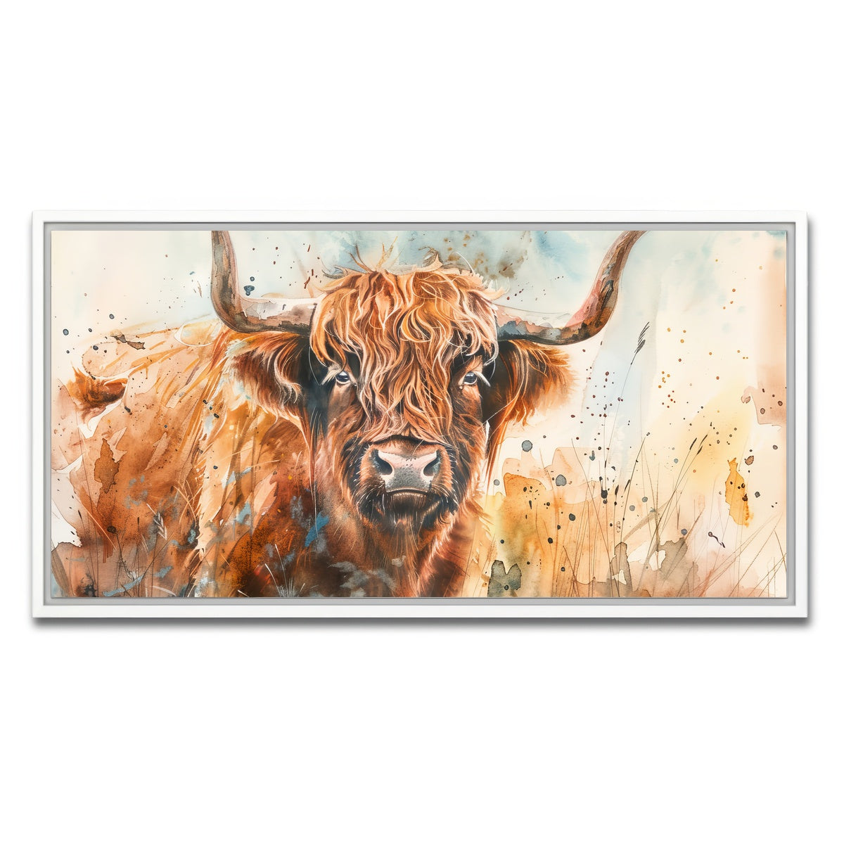 AUTO-MOCKUP WHITE | Grazing highland bull | 1 Piece | White Framed Canvas | group=2x1