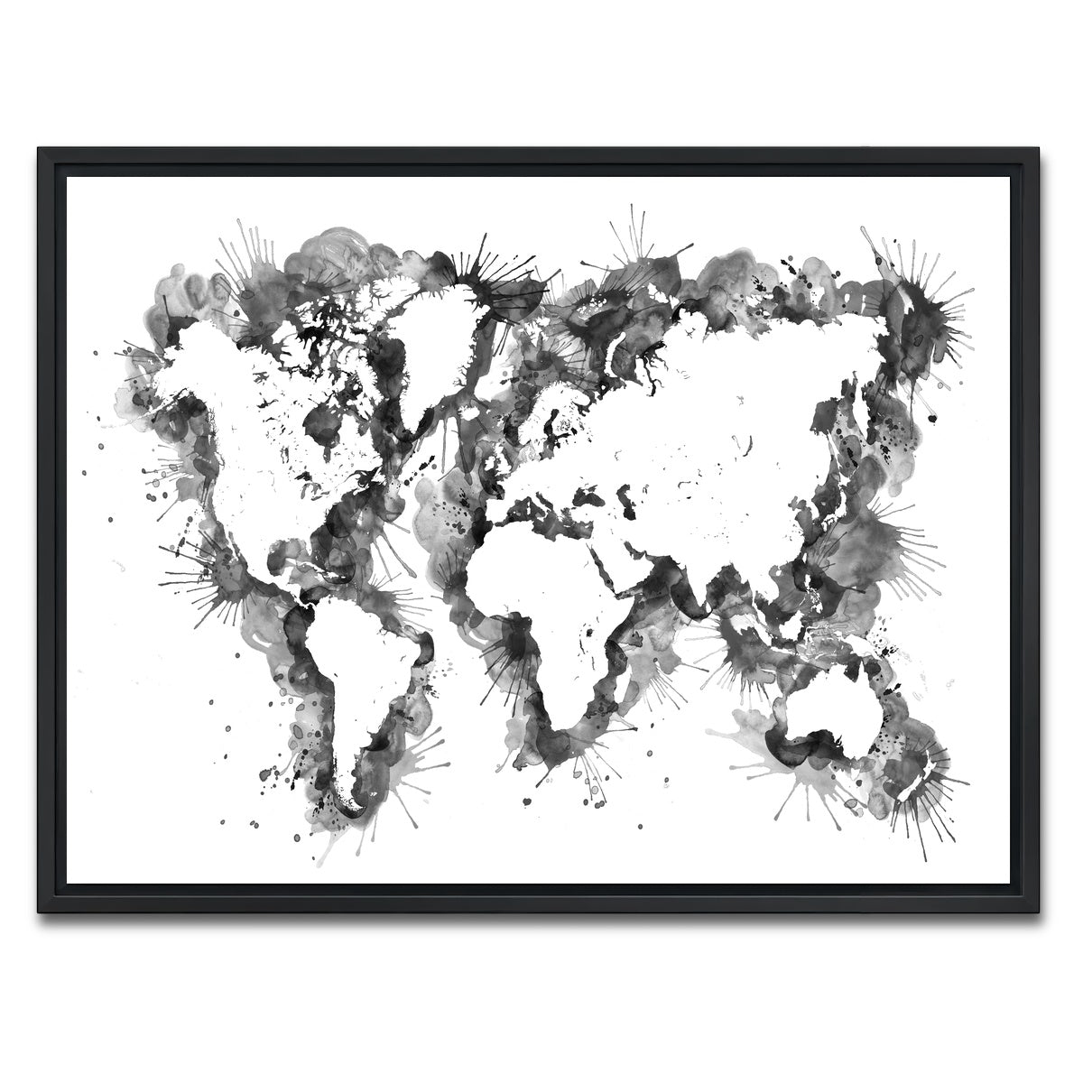 AUTO-MOCKUP WHITE | Grey Splatter World Map | 1 Piece | Black Framed Canvas | group=4x3
