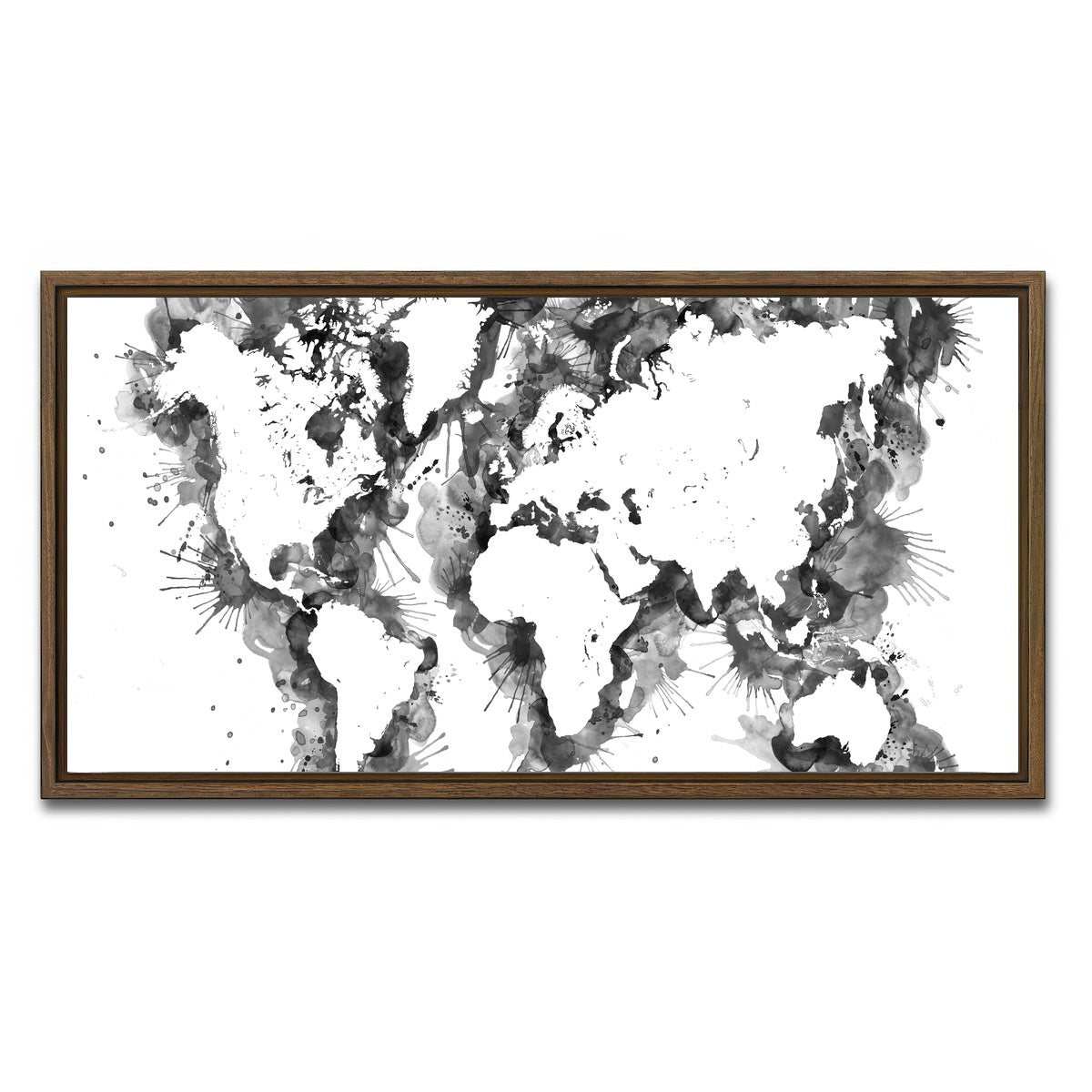 AUTO-MOCKUP WHITE | Grey Splatter World Map | 1 Piece | Walnut Framed Canvas | group=2x1
