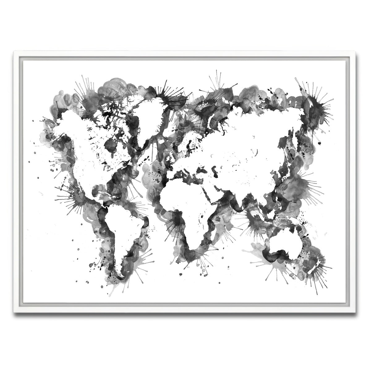 AUTO-MOCKUP WHITE | Grey Splatter World Map | 1 Piece | White Framed Canvas | group=4x3