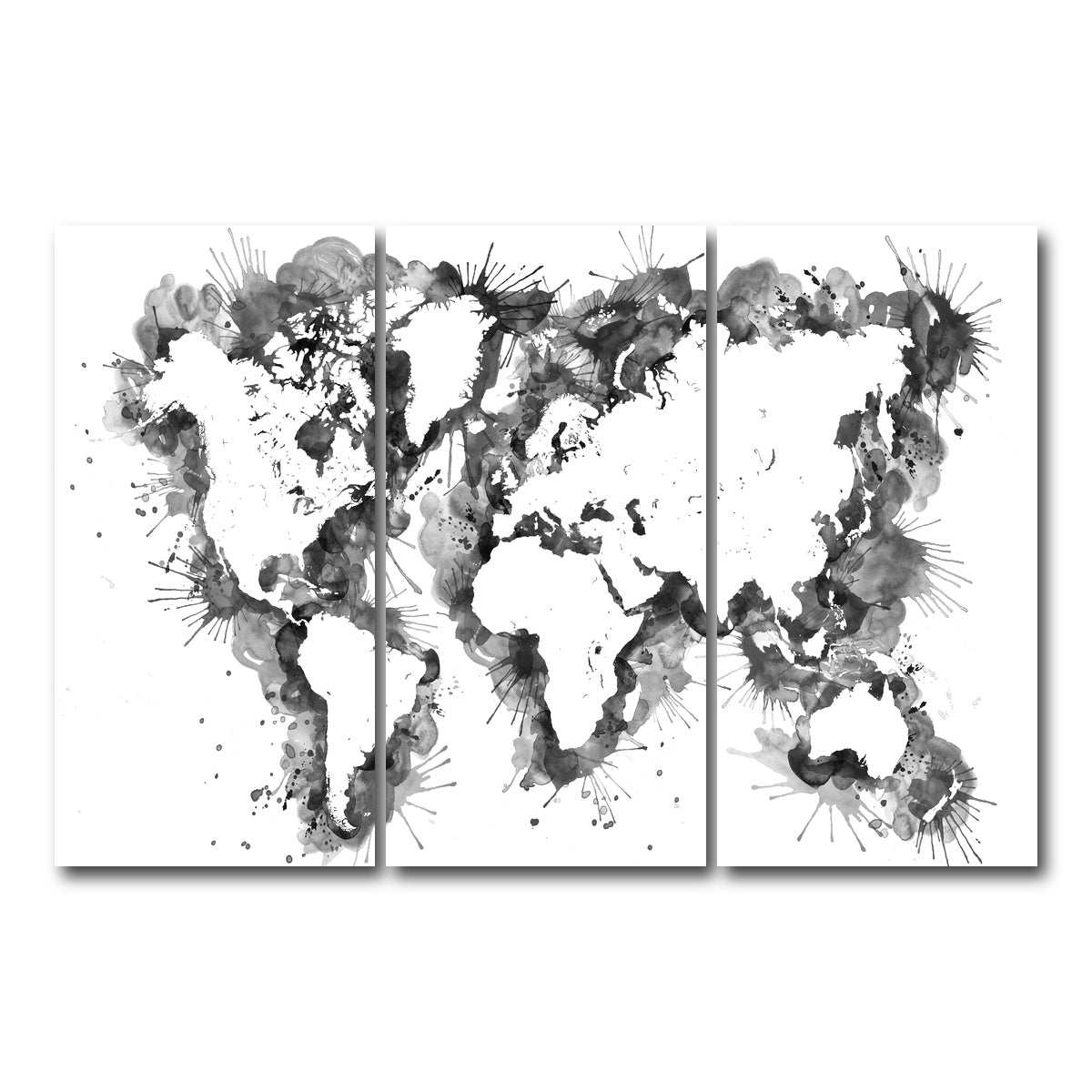 AUTO-MOCKUP WHITE | Grey Splatter World Map | 3 Piece | Gallery Wrap Canvas | group=12x24