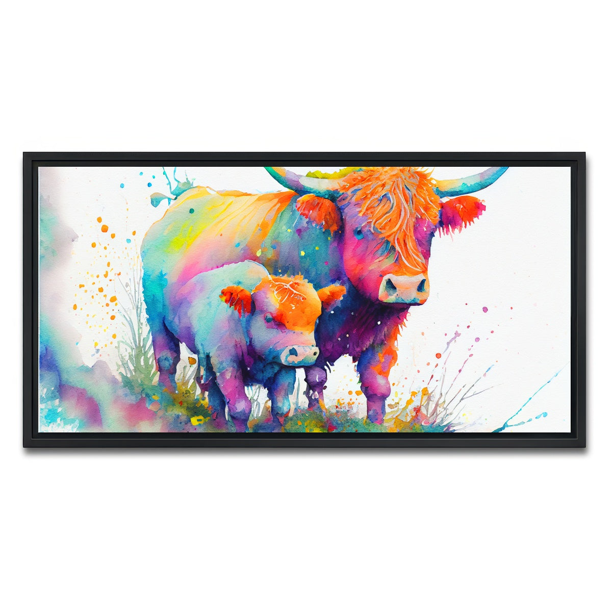 AUTO-MOCKUP WHITE | Highland cow and calf watercolor | 1 Piece | Black Framed Canvas | group=2x1