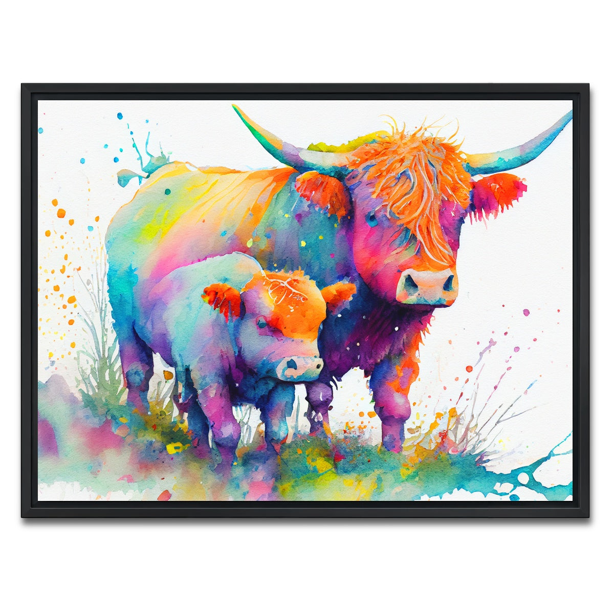AUTO-MOCKUP WHITE | Highland cow and calf watercolor | 1 Piece | Black Framed Canvas | group=4x3