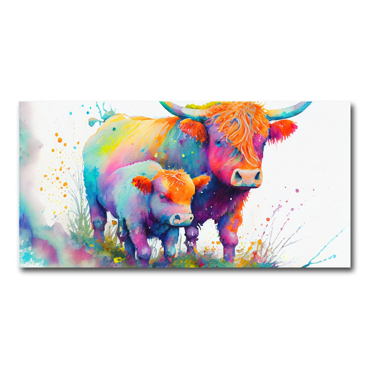 AUTO-MOCKUP WHITE | Highland cow and calf watercolor | 1 Piece | Gallery Wrap Canvas | group=2x1