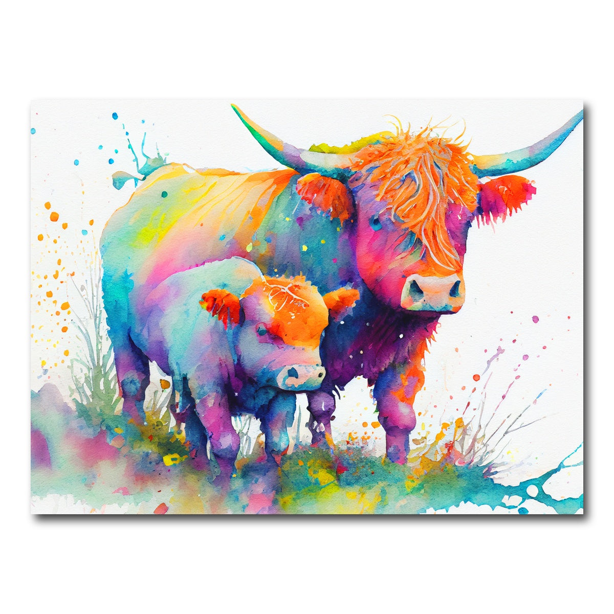 AUTO-MOCKUP WHITE | Highland cow and calf watercolor | 1 Piece | Gallery Wrap Canvas | group=4x3
