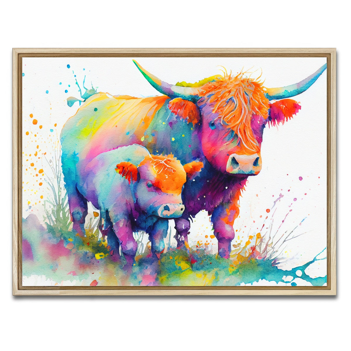 AUTO-MOCKUP WHITE | Highland cow and calf watercolor | 1 Piece | Natural Framed Canvas | group=4x3