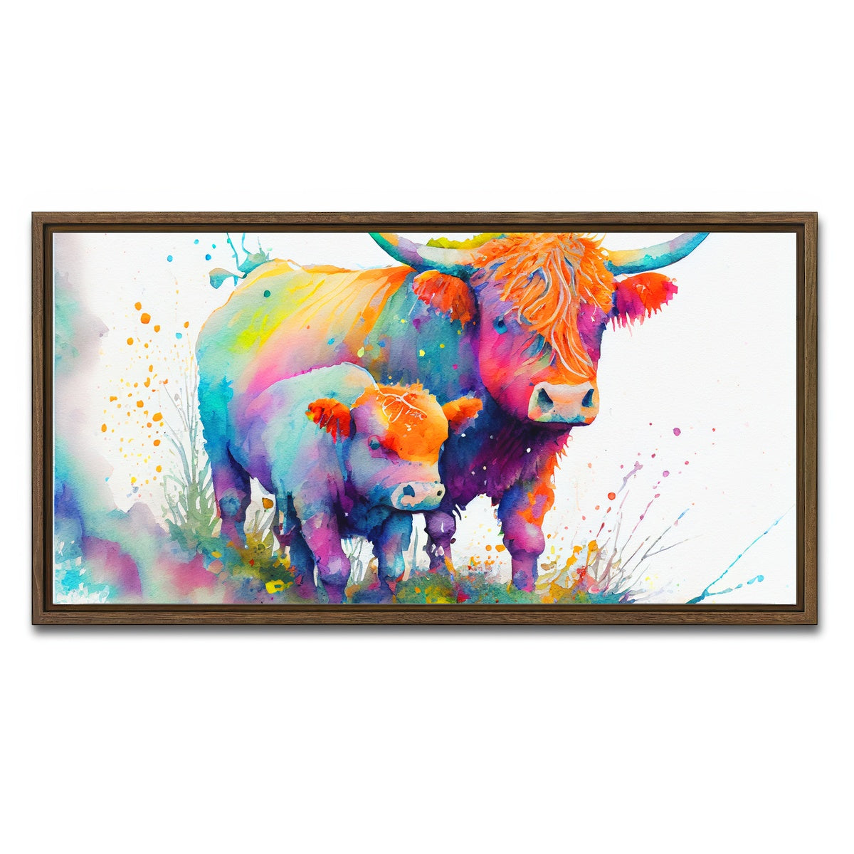 AUTO-MOCKUP WHITE | Highland cow and calf watercolor | 1 Piece | Walnut Framed Canvas | group=2x1