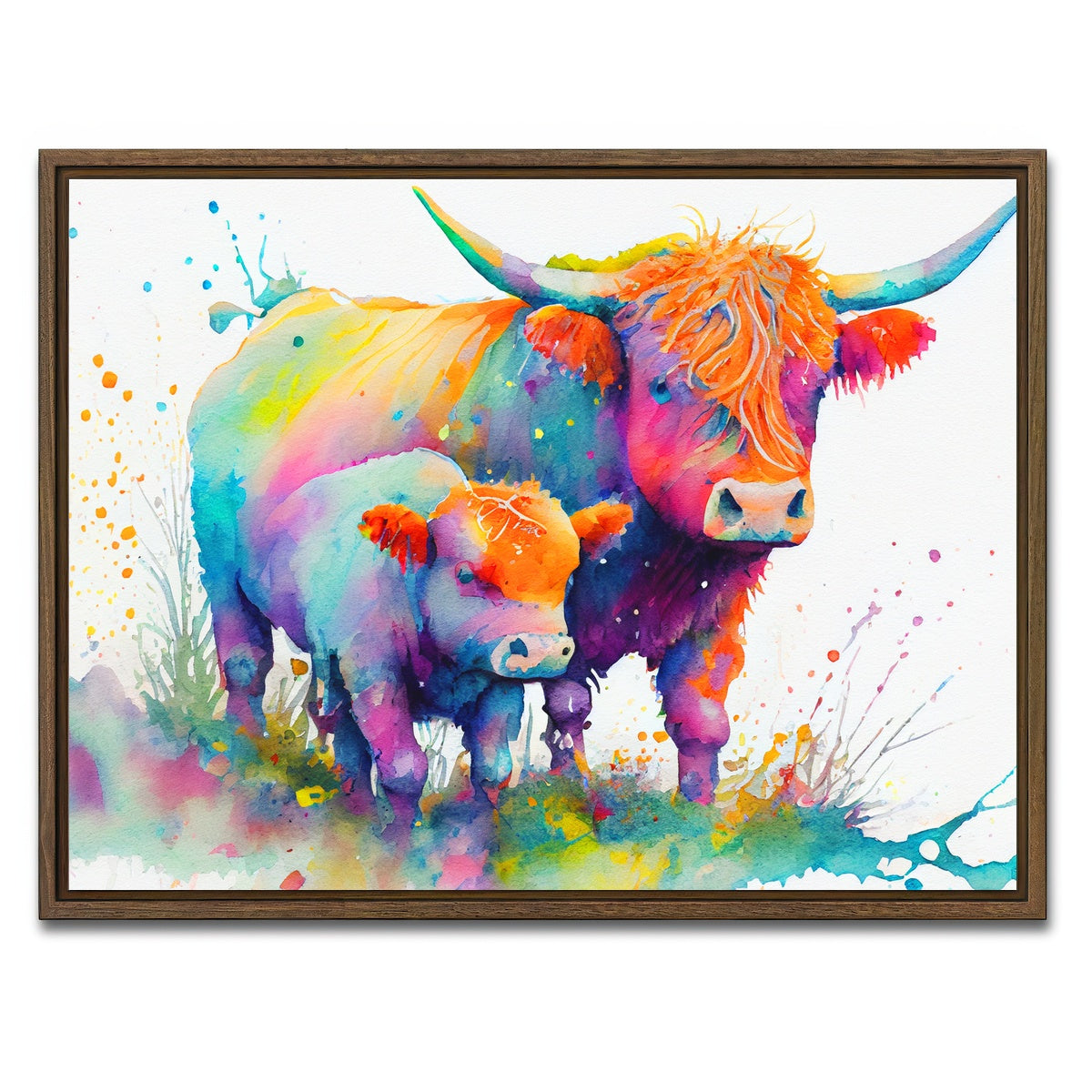 AUTO-MOCKUP WHITE | Highland cow and calf watercolor | 1 Piece | Walnut Framed Canvas | group=4x3