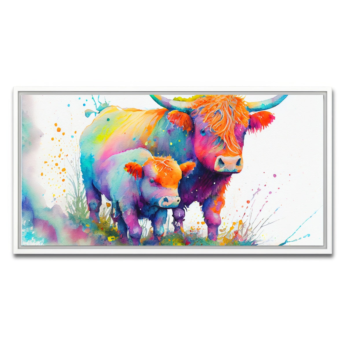 AUTO-MOCKUP WHITE | Highland cow and calf watercolor | 1 Piece | White Framed Canvas | group=2x1