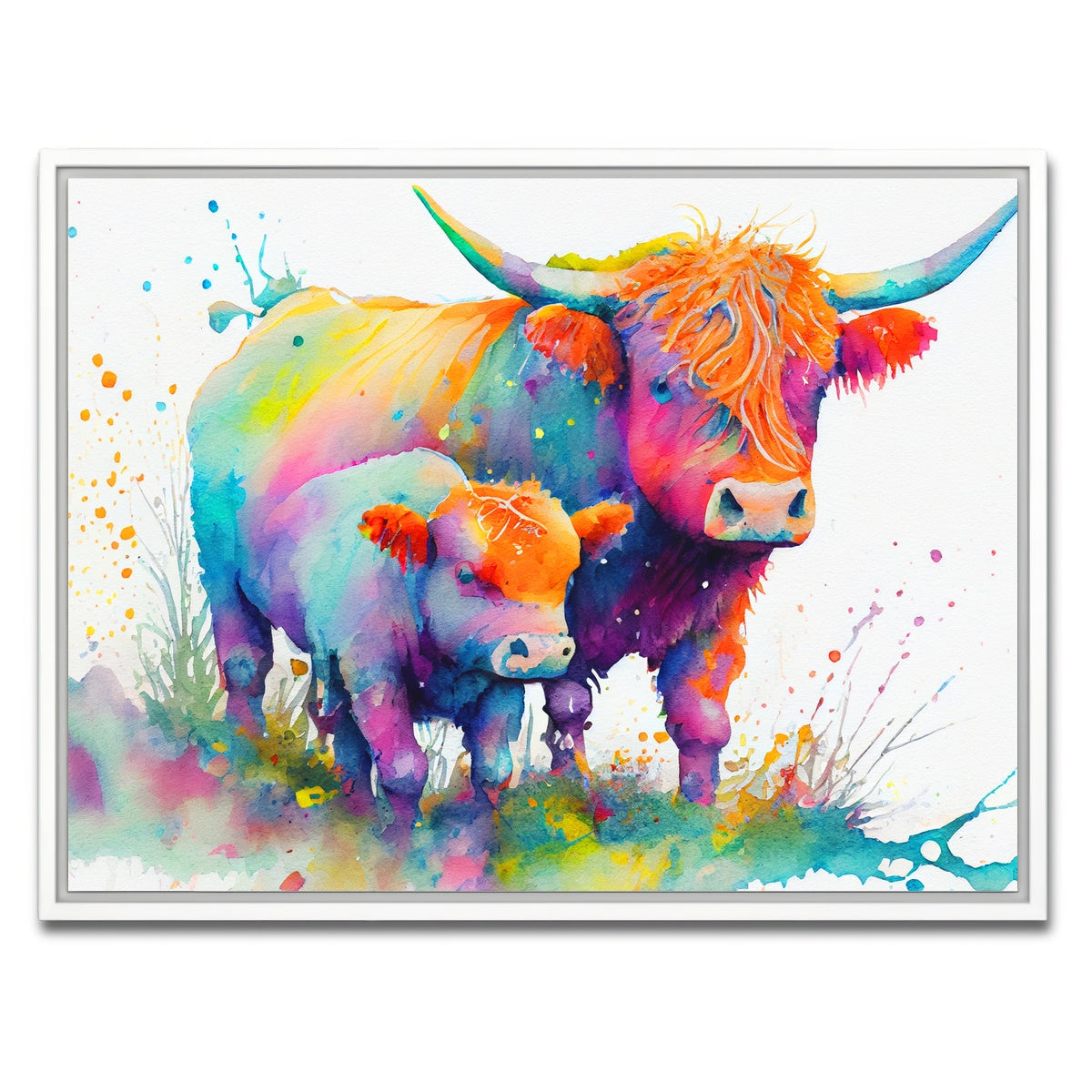 AUTO-MOCKUP WHITE | Highland cow and calf watercolor | 1 Piece | White Framed Canvas | group=4x3