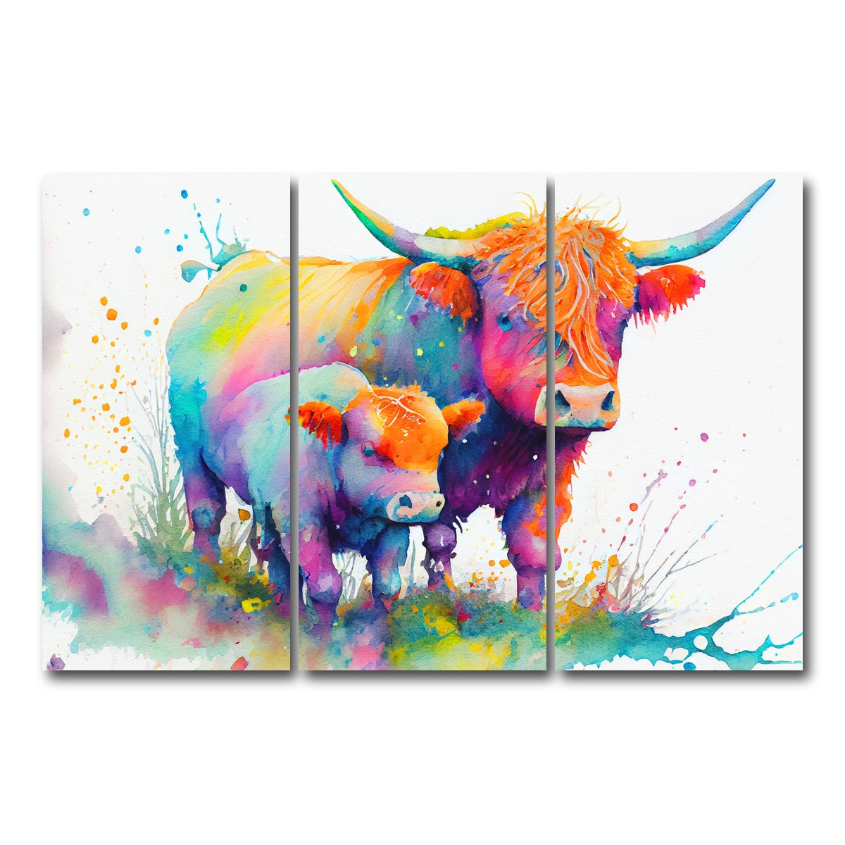 AUTO-MOCKUP WHITE | Highland cow and calf watercolor | 3 Piece | Gallery Wrap Canvas | group=12x24