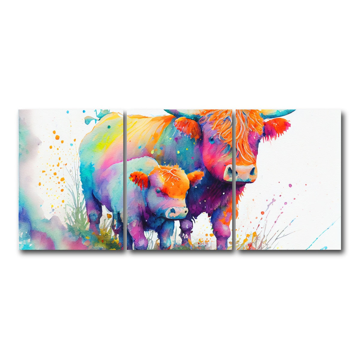 AUTO-MOCKUP WHITE | Highland cow and calf watercolor | 3 Piece | Gallery Wrap Canvas | group=18x24