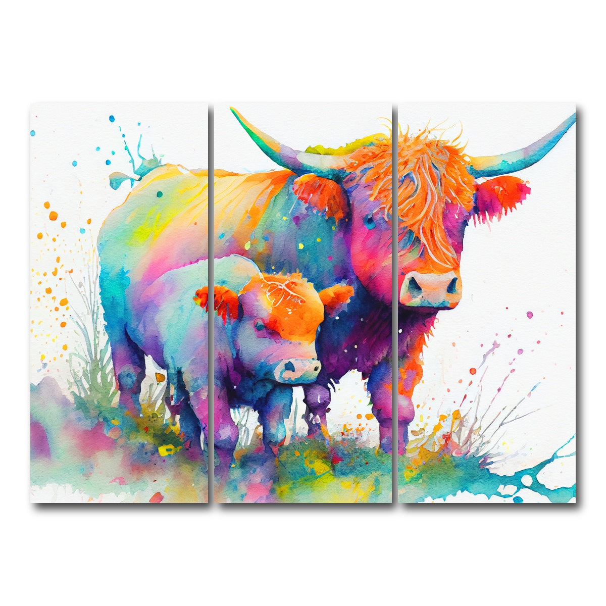 AUTO-MOCKUP WHITE | Highland cow and calf watercolor | 3 Piece | Gallery Wrap Canvas | group=8x18