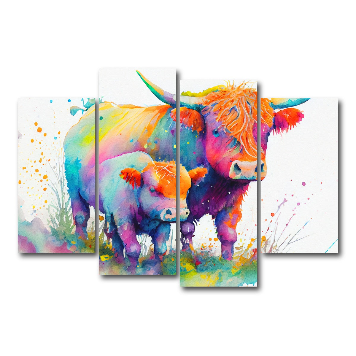 AUTO-MOCKUP WHITE | Highland cow and calf watercolor | 4 Piece | Gallery Wrap Canvas | group=4_short