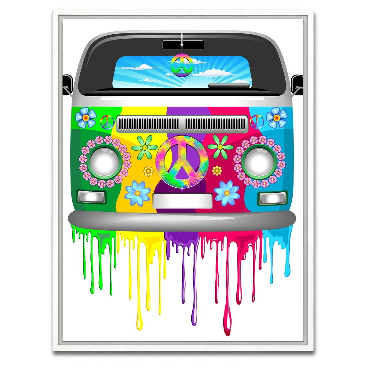 AUTO-MOCKUP WHITE | Hippie Bus with Dripping Rainbow Paint | 1 Piece | White Framed Canvas | group=3x4