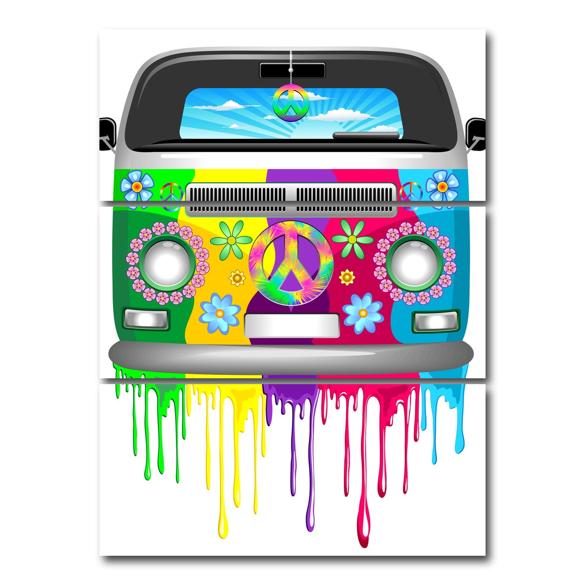 AUTO-MOCKUP WHITE | Hippie Bus with Dripping Rainbow Paint | 3 Piece | Gallery Wrap Canvas | group=8x18_stacked