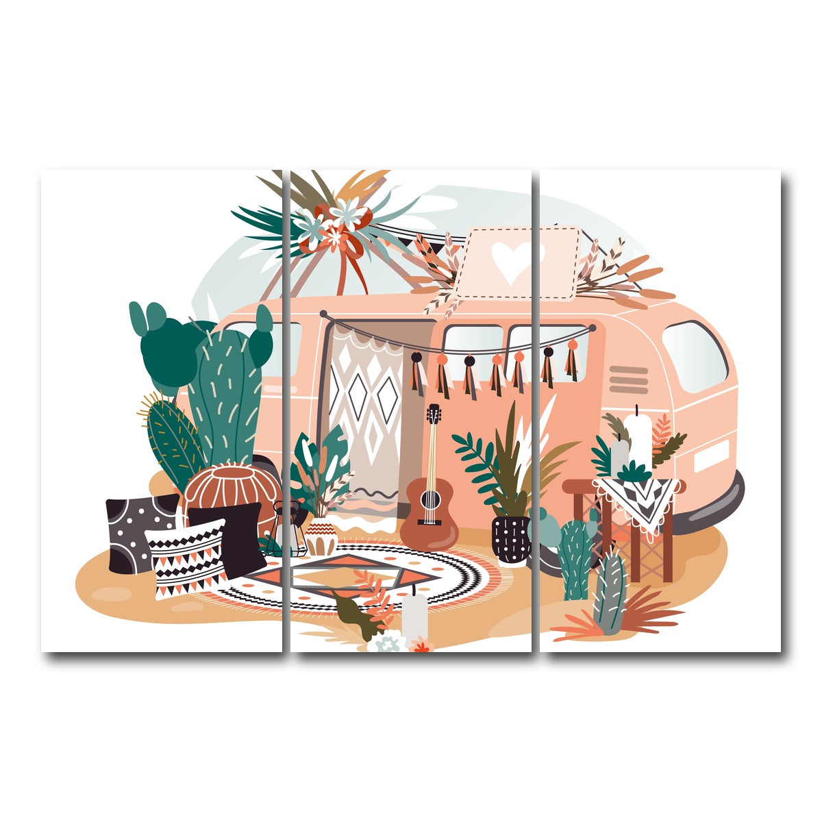 AUTO-MOCKUP WHITE | Hippie van in boho style | 3 Piece | Gallery Wrap Canvas | group=12x24