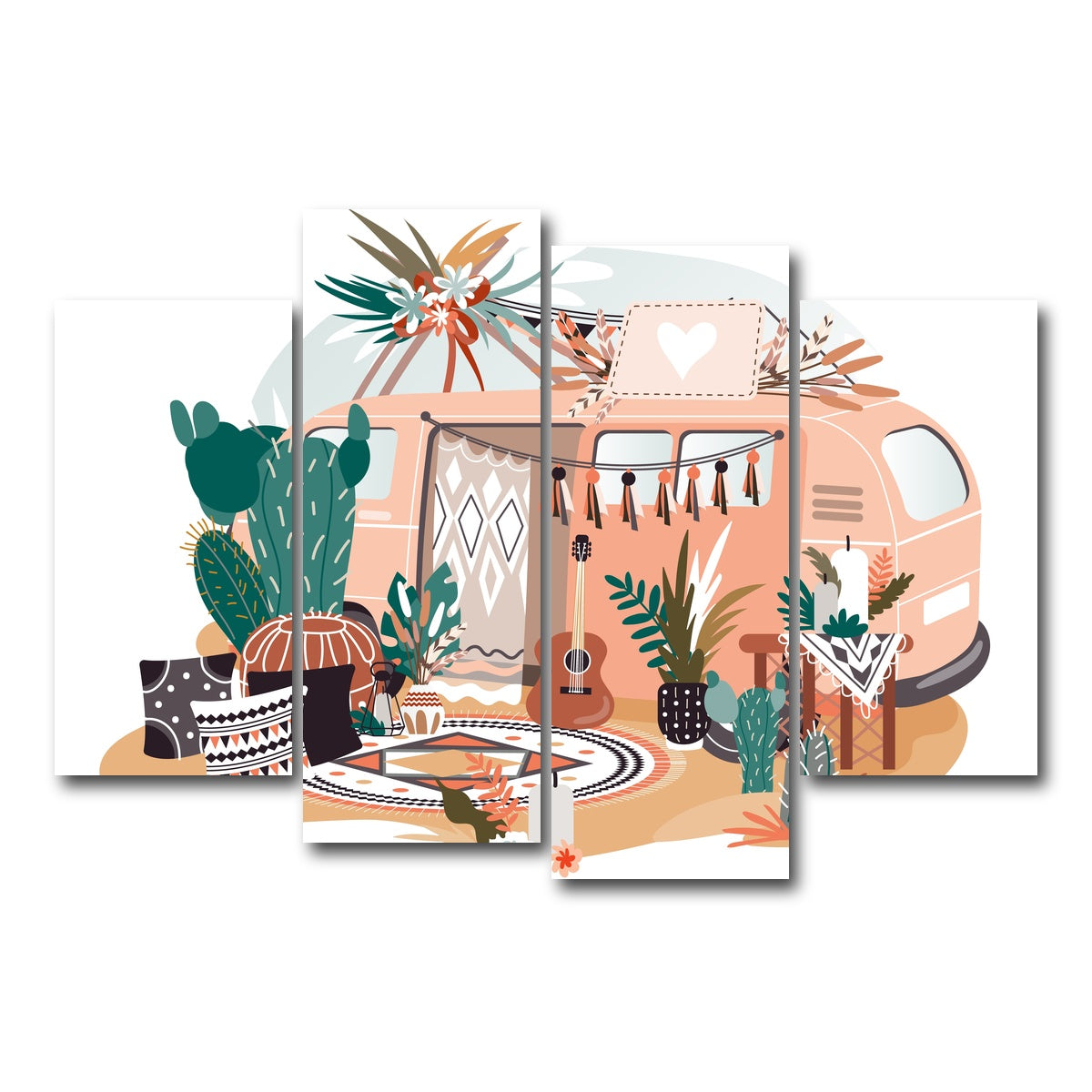 AUTO-MOCKUP WHITE | Hippie van in boho style | 4 Piece | Gallery Wrap Canvas | group=4_short