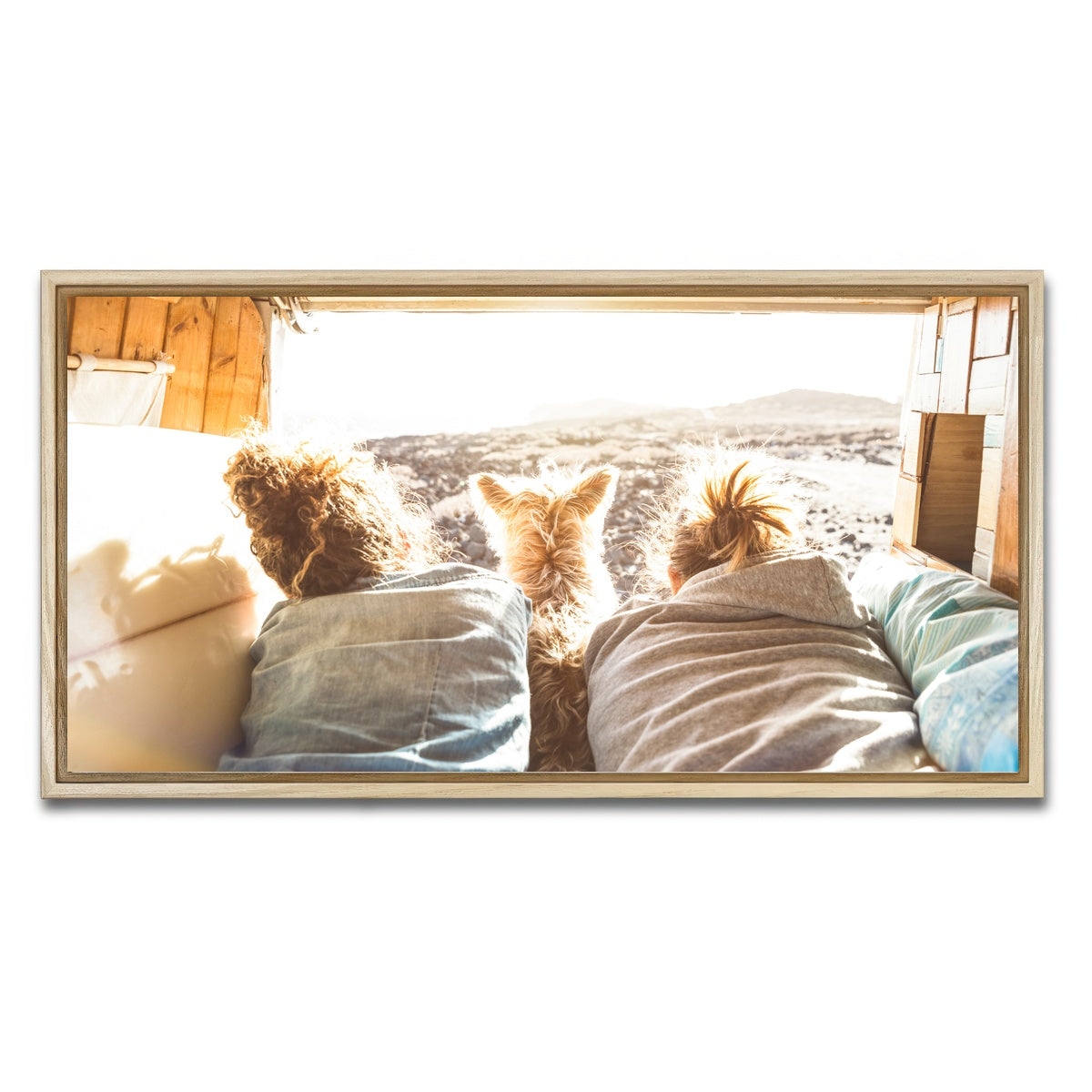 AUTO-MOCKUP WHITE | Hipster couple with cute dog | 1 Piece | Natural Framed Canvas | group=2x1