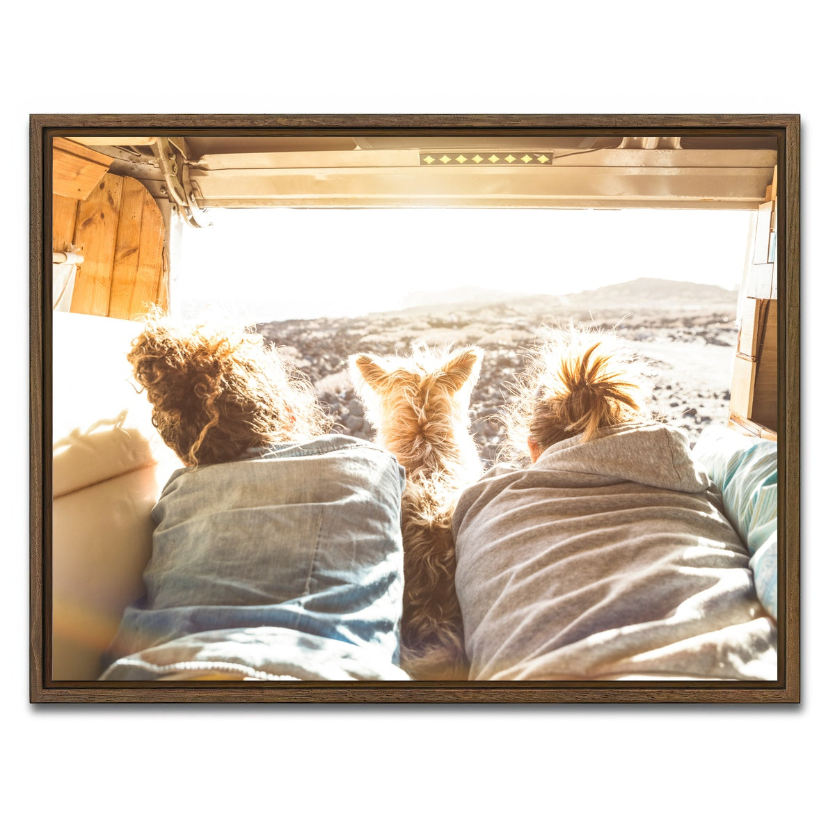 AUTO-MOCKUP WHITE | Hipster couple with cute dog | 1 Piece | Walnut Framed Canvas | group=4x3
