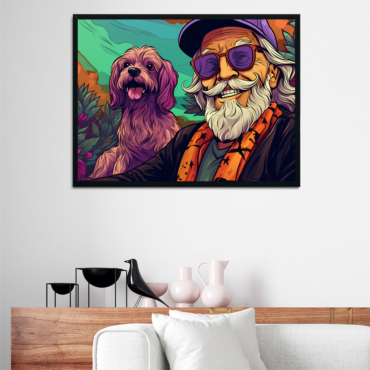Hipster Grandpa and Dog Wall Art