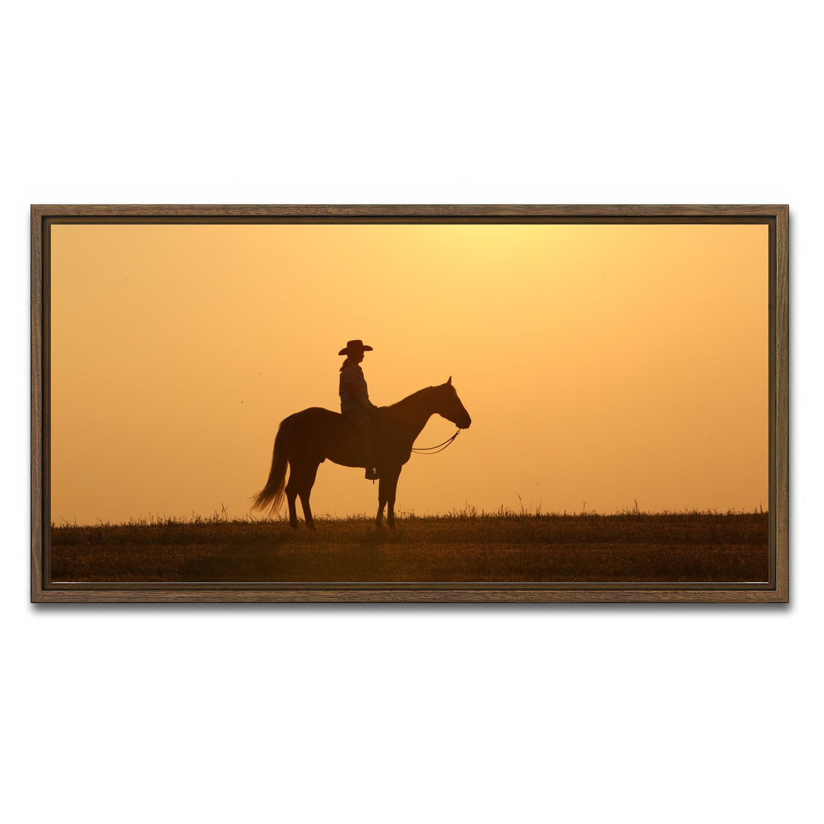 AUTO-MOCKUP WHITE | Horse & Cowboy at Sunset | 1 Piece | Walnut Framed Canvas | group=2x1