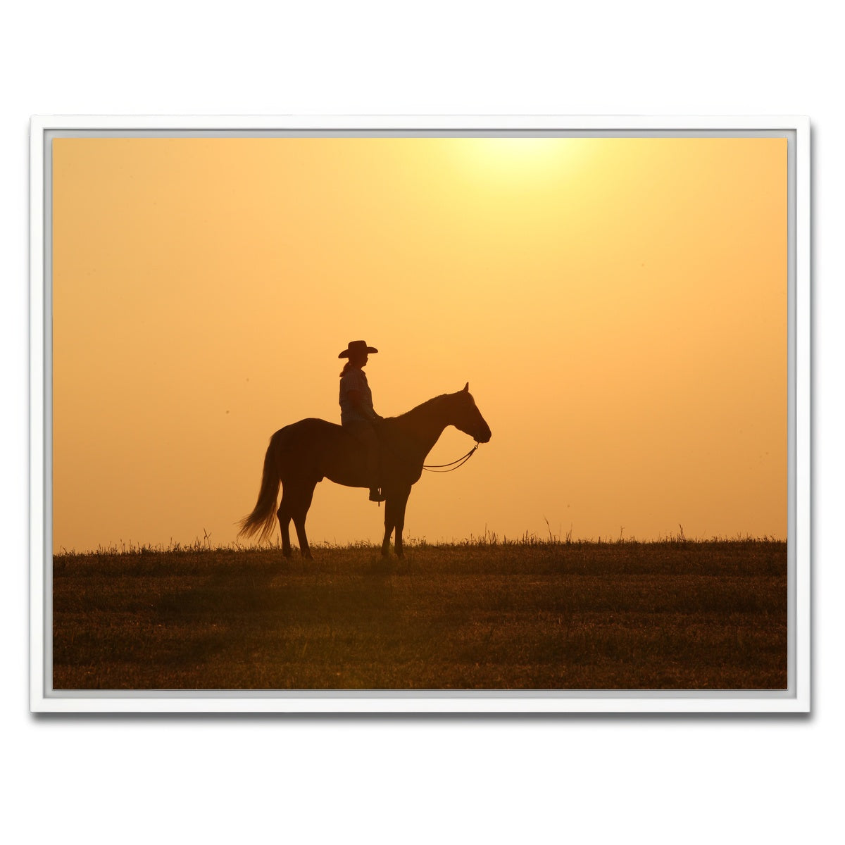 AUTO-MOCKUP WHITE | Horse & Cowboy at Sunset | 1 Piece | White Framed Canvas | group=4x3