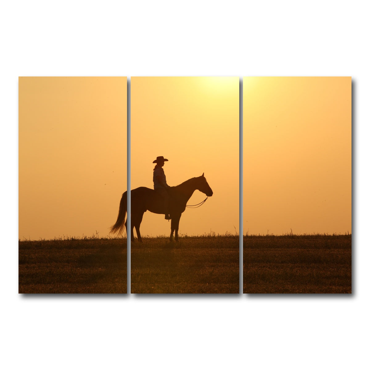 AUTO-MOCKUP WHITE | Horse & Cowboy at Sunset | 3 Piece | Gallery Wrap Canvas | group=12x24
