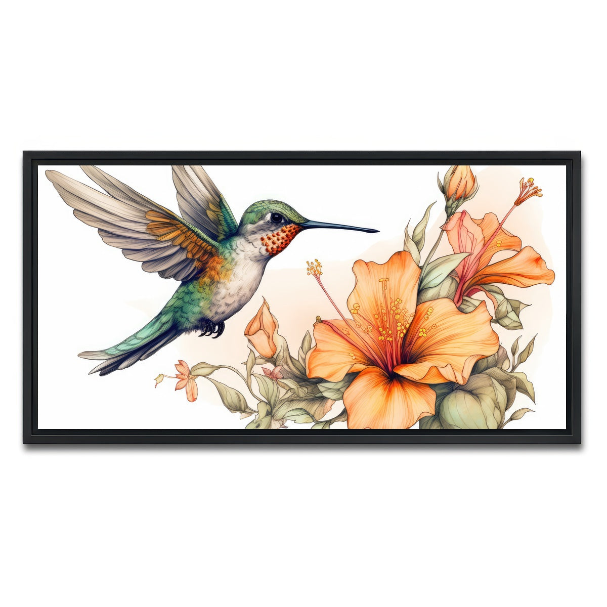AUTO-MOCKUP WHITE | Hummingbird with Vintage Flowers | 1 Piece | Black Framed Canvas | group=2x1