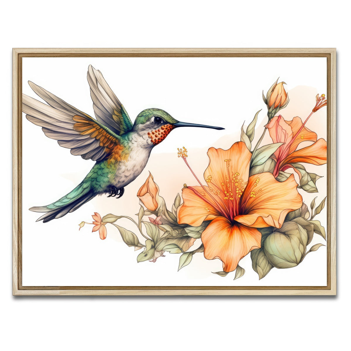 AUTO-MOCKUP WHITE | Hummingbird with Vintage Flowers | 1 Piece | Natural Framed Canvas | group=4x3