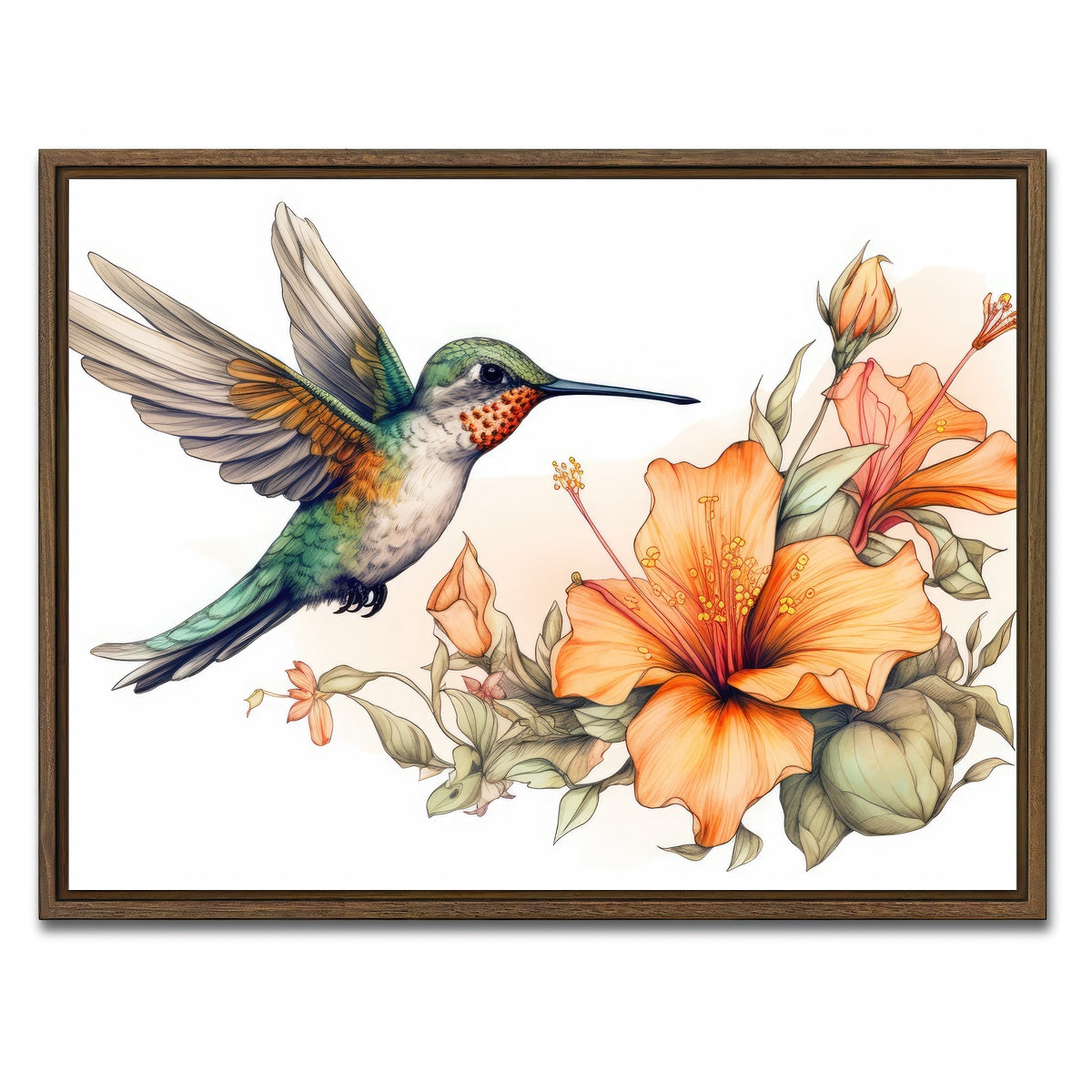 AUTO-MOCKUP WHITE | Hummingbird with Vintage Flowers | 1 Piece | Walnut Framed Canvas | group=4x3