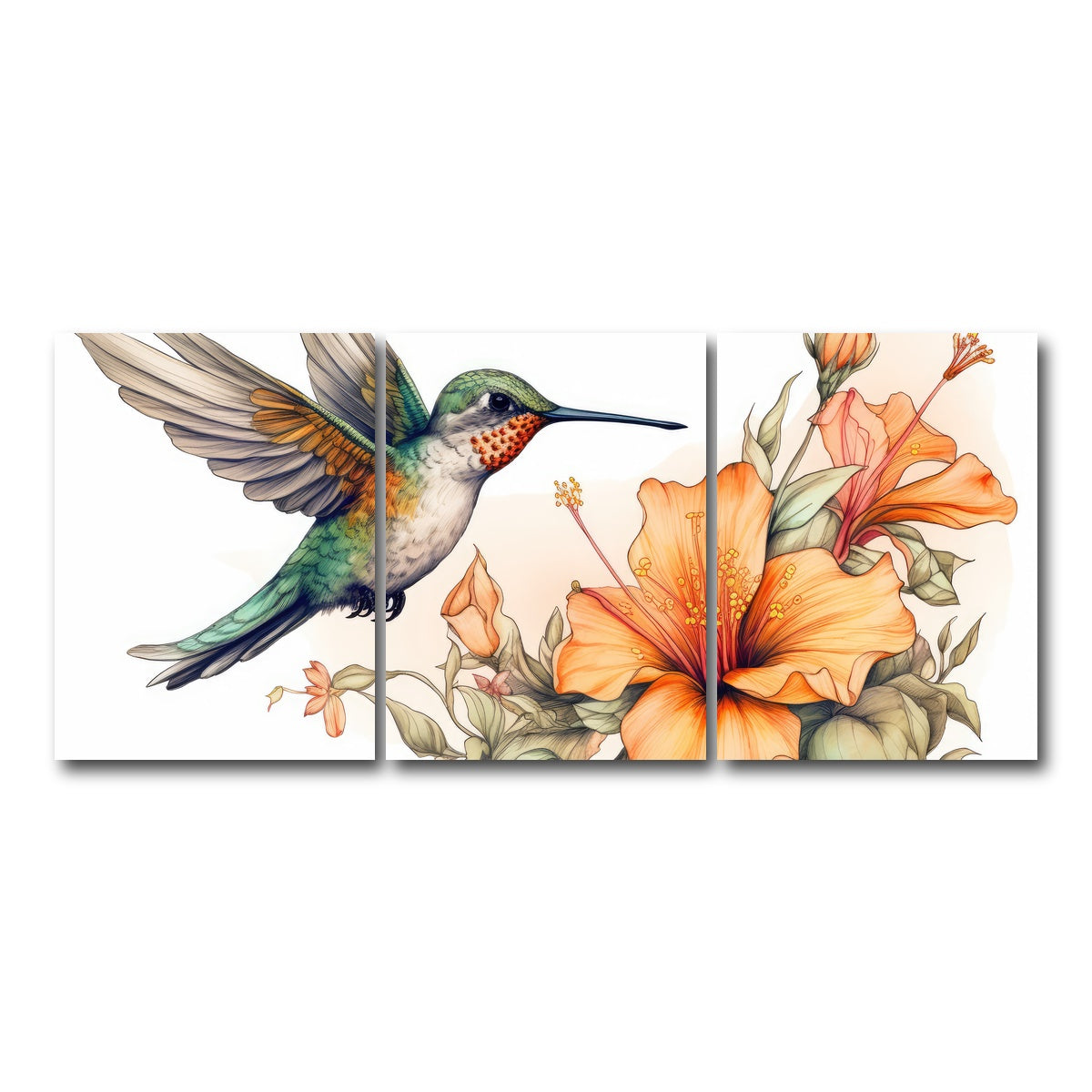 AUTO-MOCKUP WHITE | Hummingbird with Vintage Flowers | 3 Piece | Gallery Wrap Canvas | group=18x24