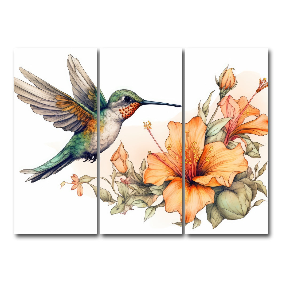 AUTO-MOCKUP WHITE | Hummingbird with Vintage Flowers | 3 Piece | Gallery Wrap Canvas | group=8x18