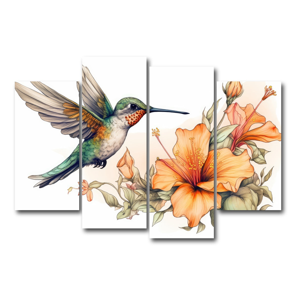 AUTO-MOCKUP WHITE | Hummingbird with Vintage Flowers | 4 Piece | Gallery Wrap Canvas | group=4_short