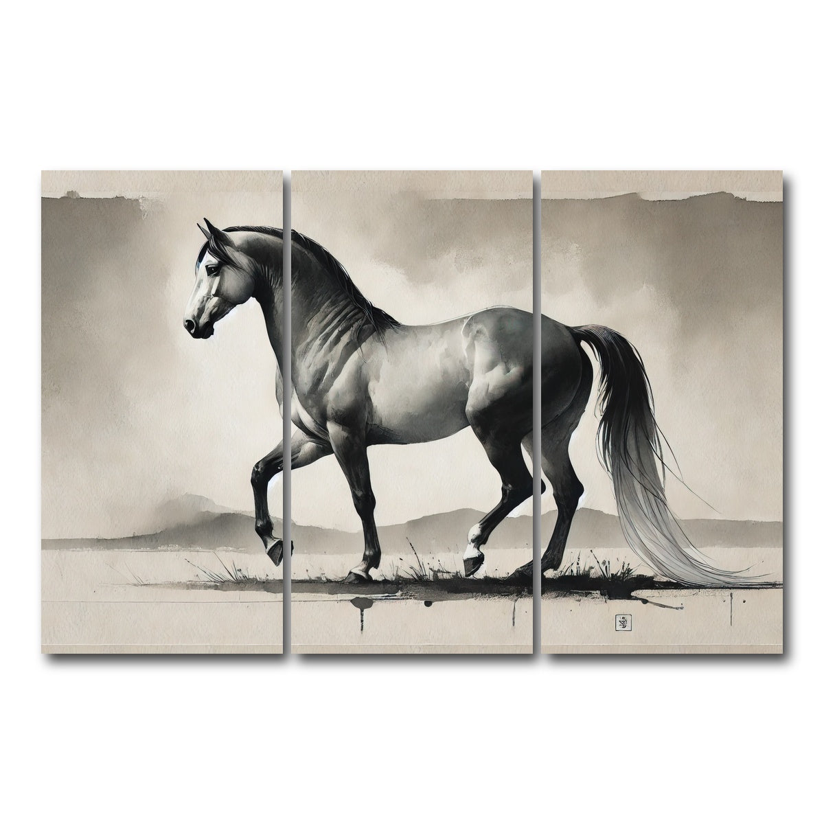 AUTO-MOCKUP WHITE | Ink Wash Horse | 3 Piece | Gallery Wrap Canvas | group=12x24