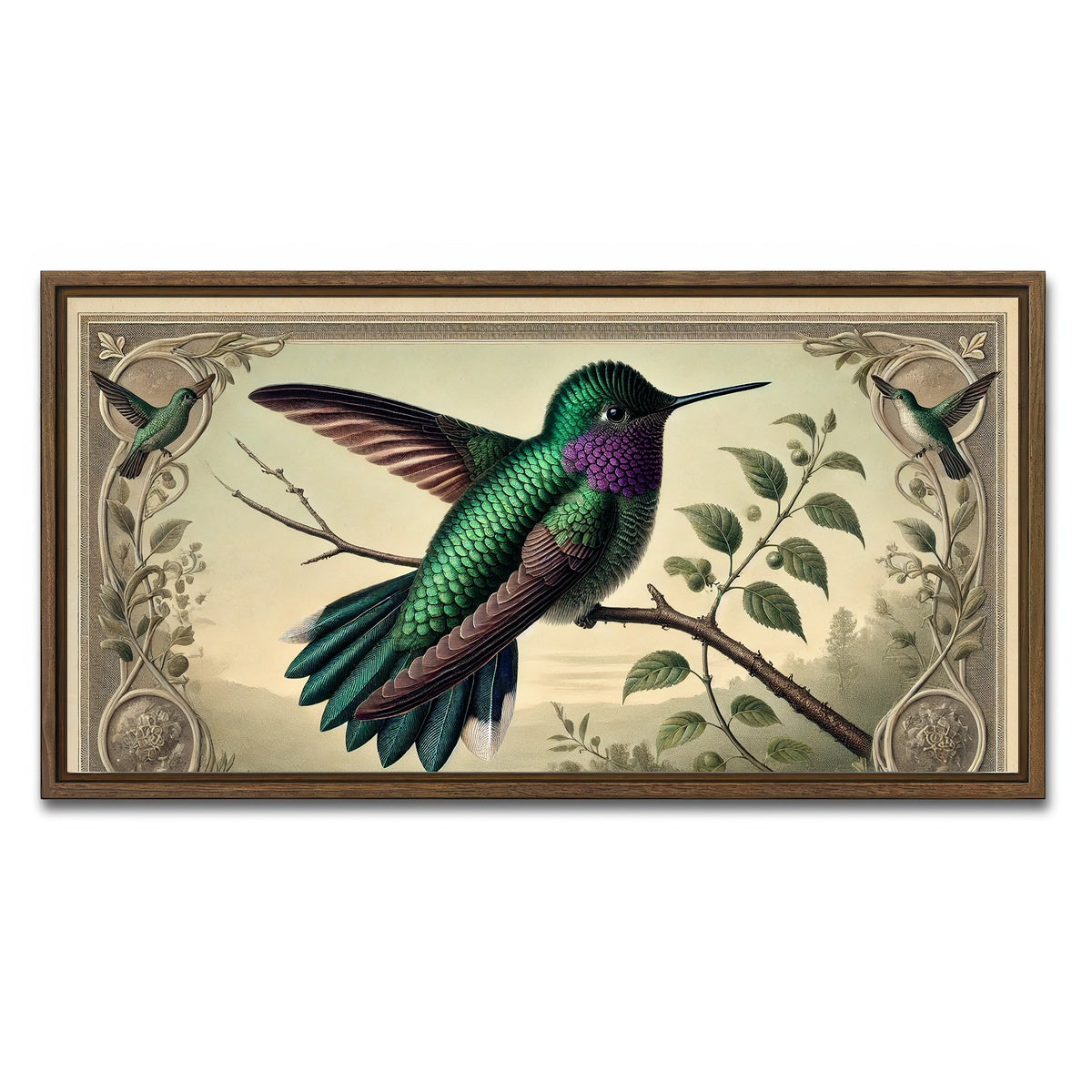 AUTO-MOCKUP WHITE | JJ Audubon's Style Hummingbird Print | 1 Piece | Walnut Framed Canvas | group=2x1