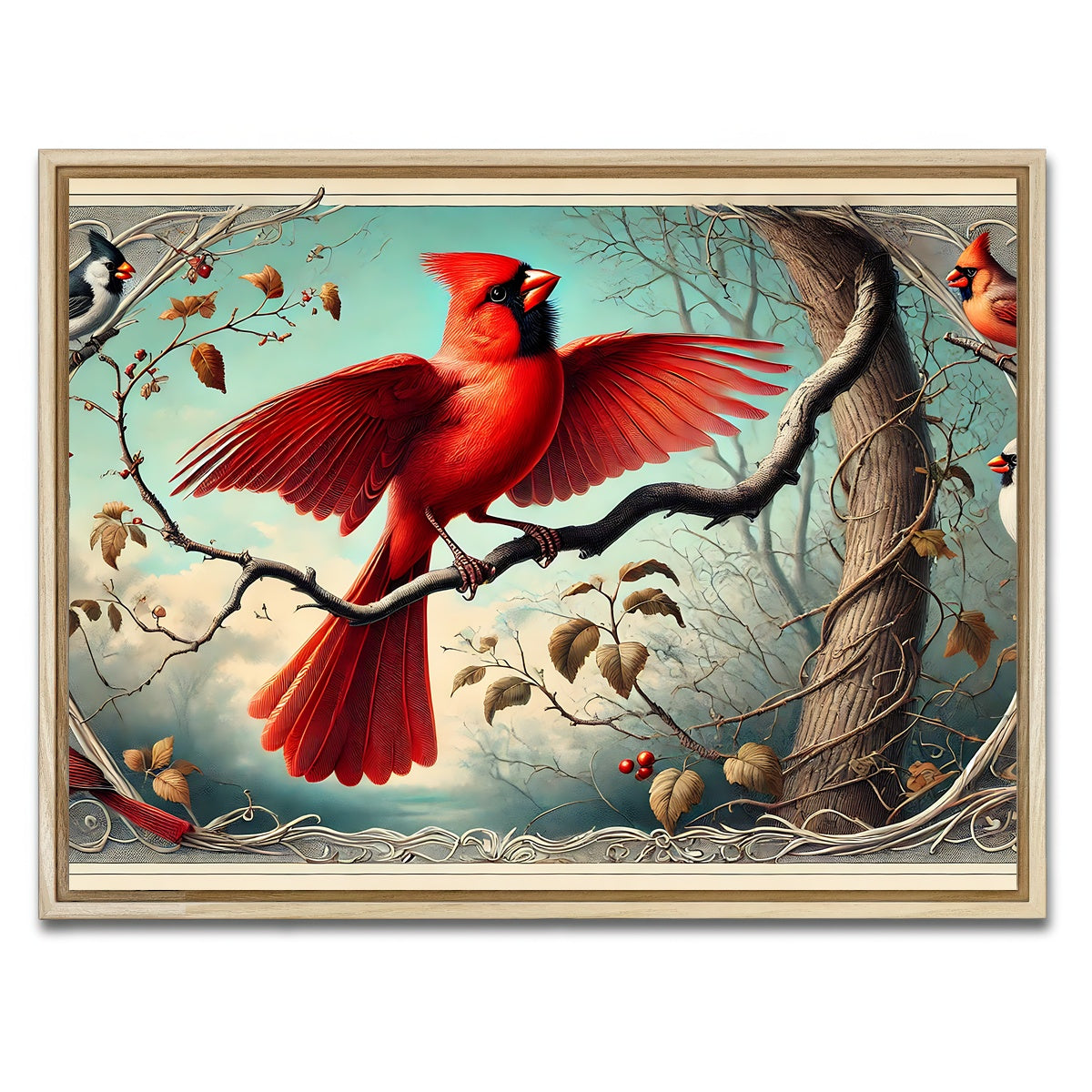 AUTO-MOCKUP WHITE | JJ Audubon's Style Northern Cardinal | 1 Piece | Natural Framed Canvas | group=4x3
